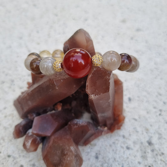 Carnelian Scenic Quaryz and Hematoid Quartz Crystal Beads Bracelet