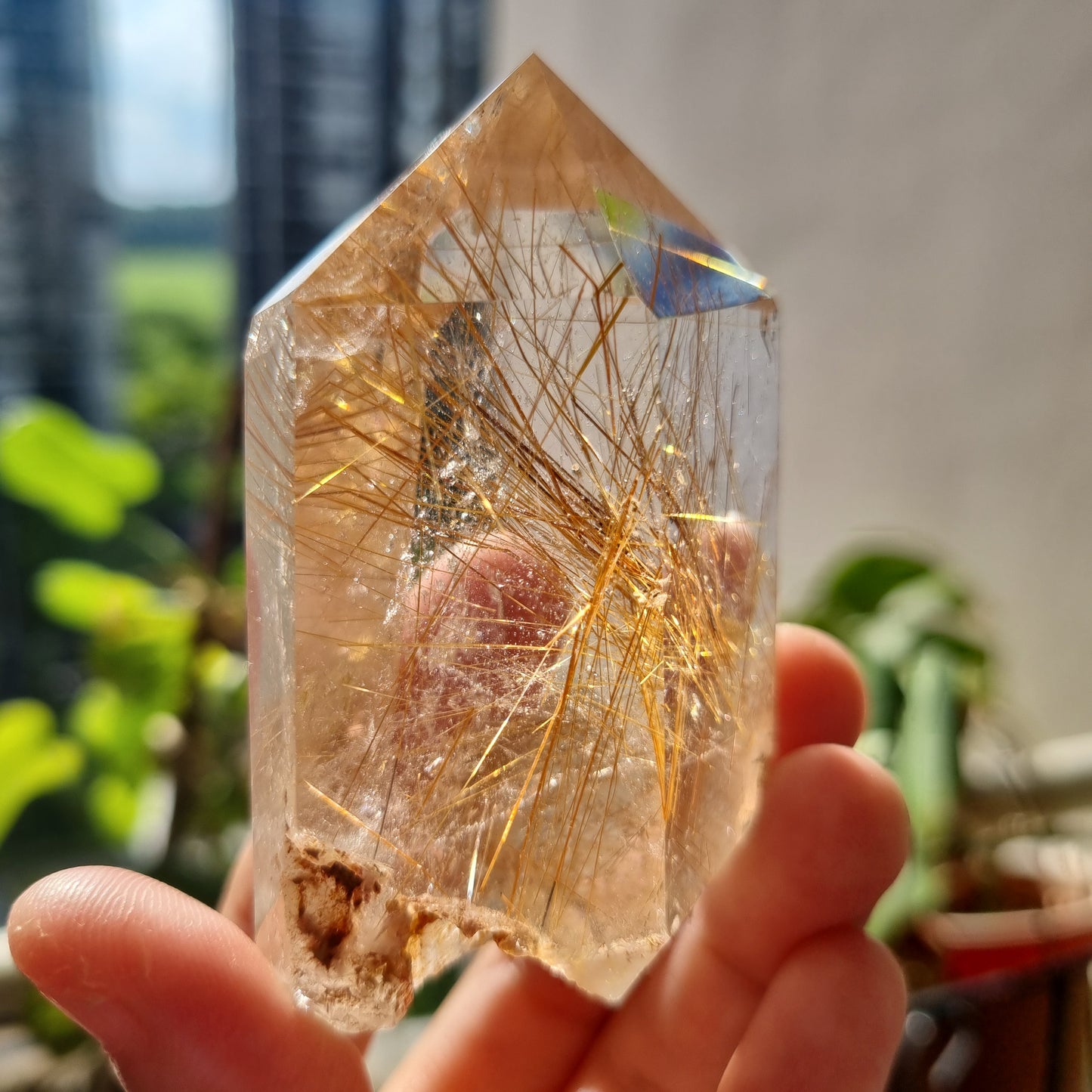 Gold Rutile in Quartz Polished Tower