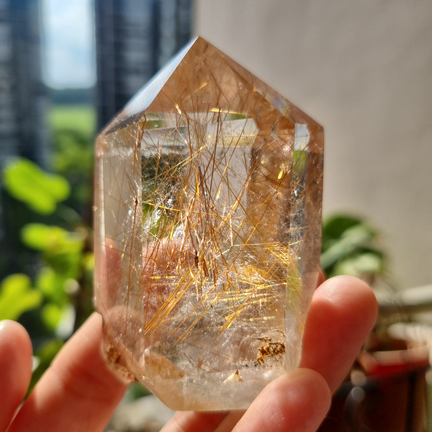 Gold Rutile in Quartz Polished Tower
