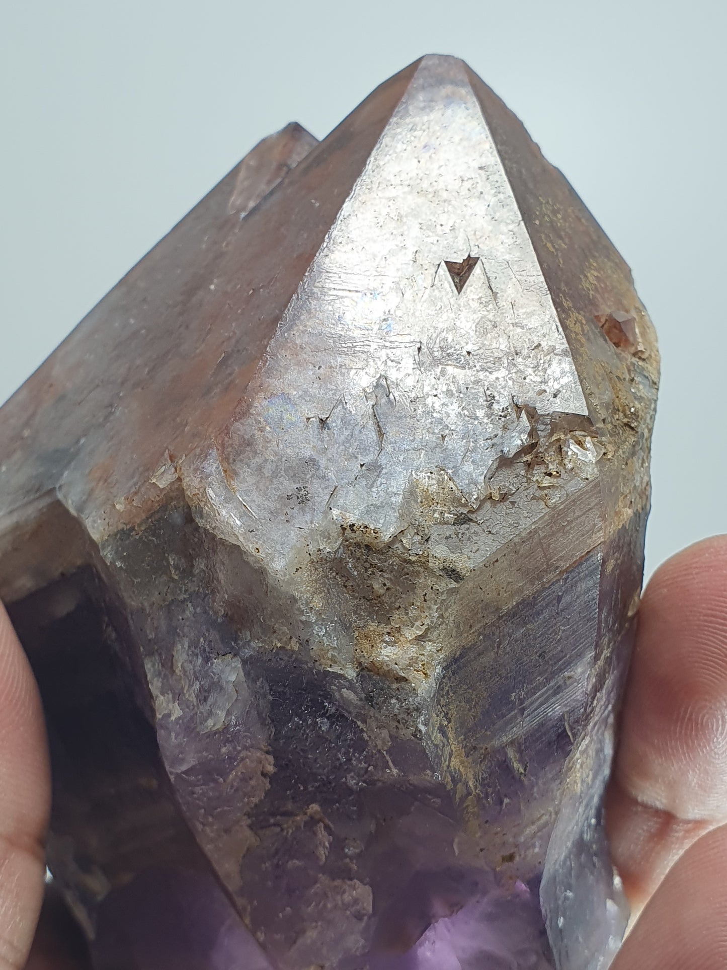 Twin terminated Amethyst Crystal with Red hematite and multiple Trigonic Record Keepers (#19)
