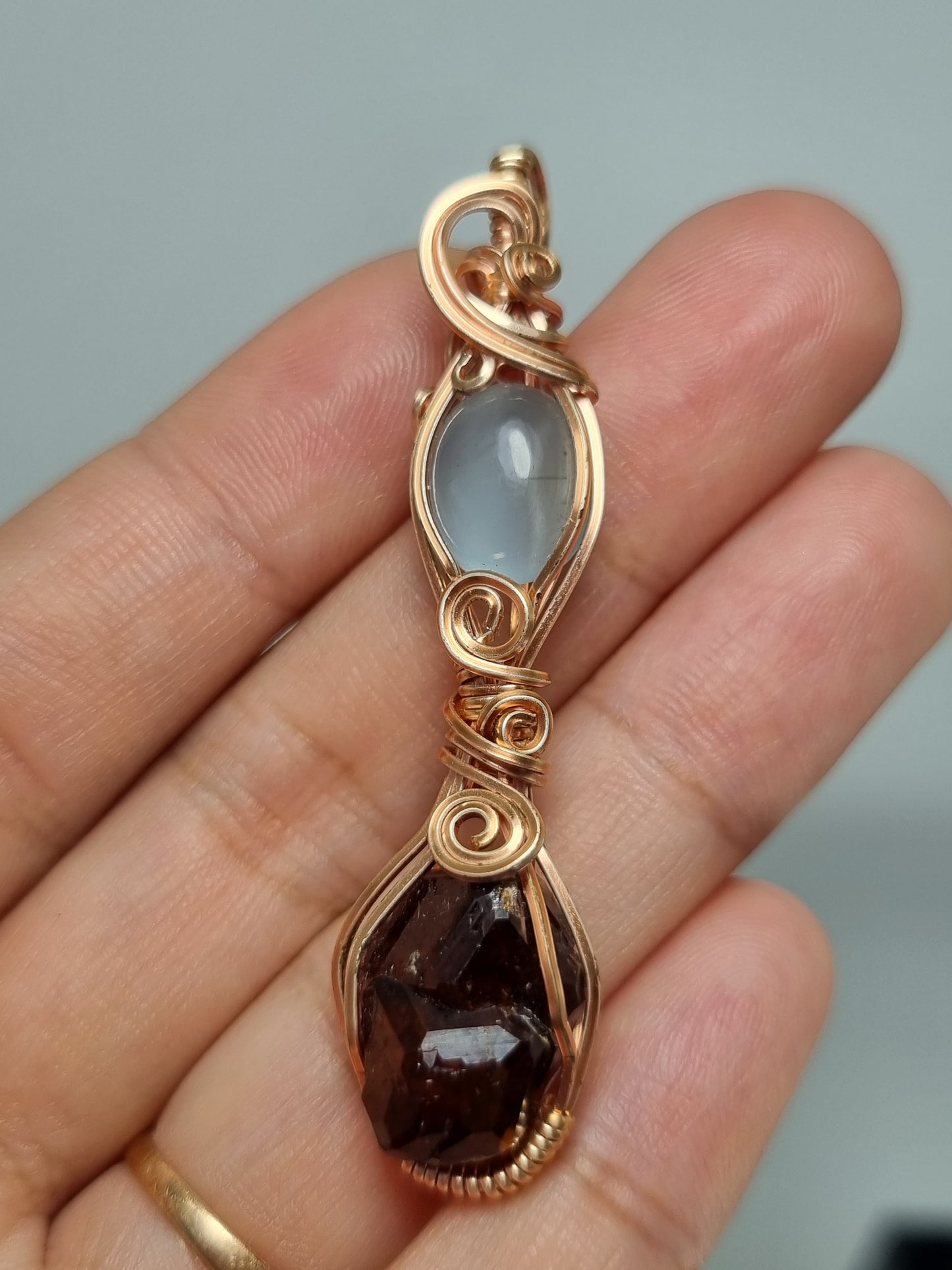 Aquamarine and Garnet Crystal Combo Wire wrapped Crystal Pendant