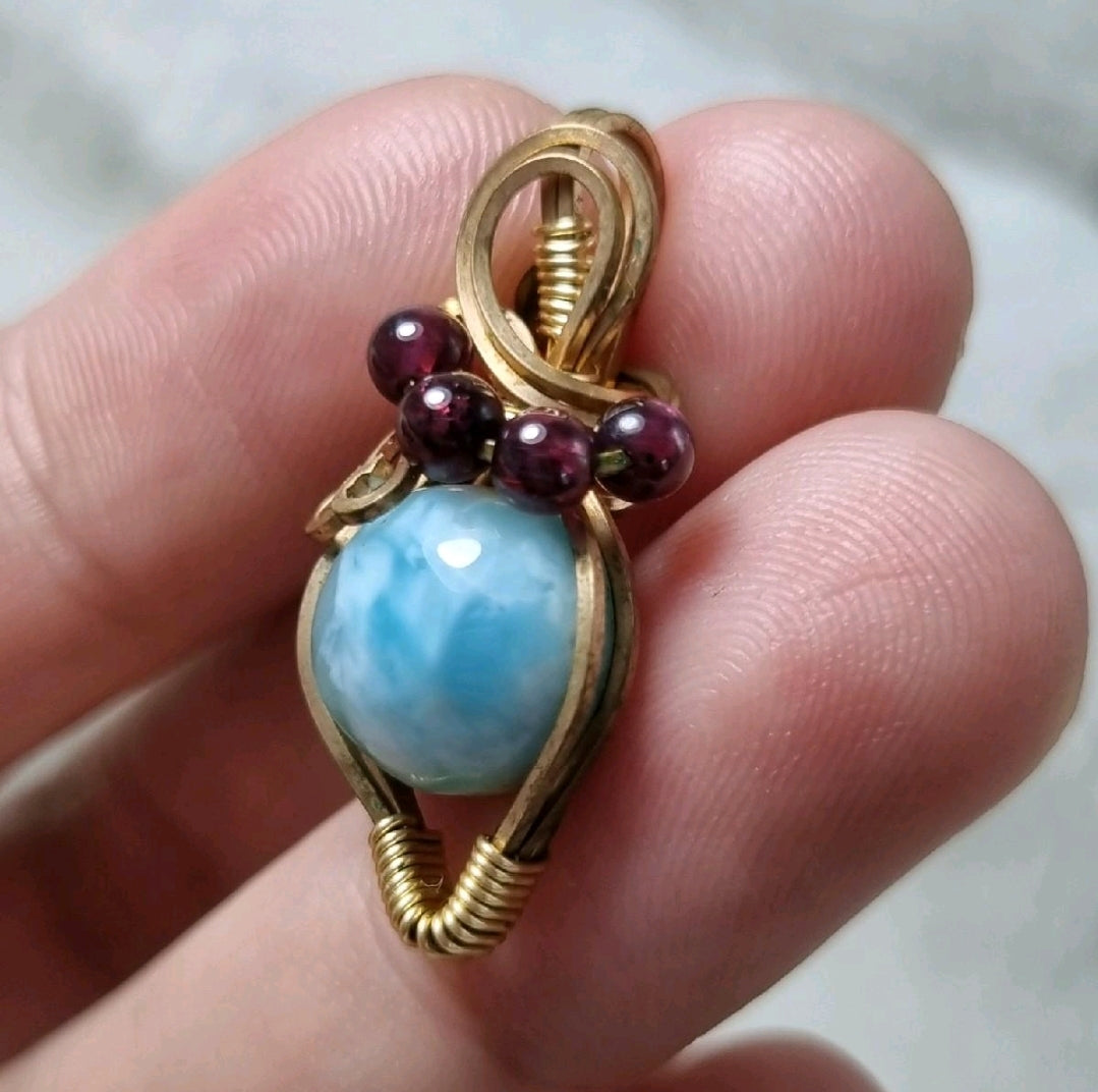 Larimar Cabochon with Garnet Beads Wire wrapped in brass wire, Artisan Crystal Pendant