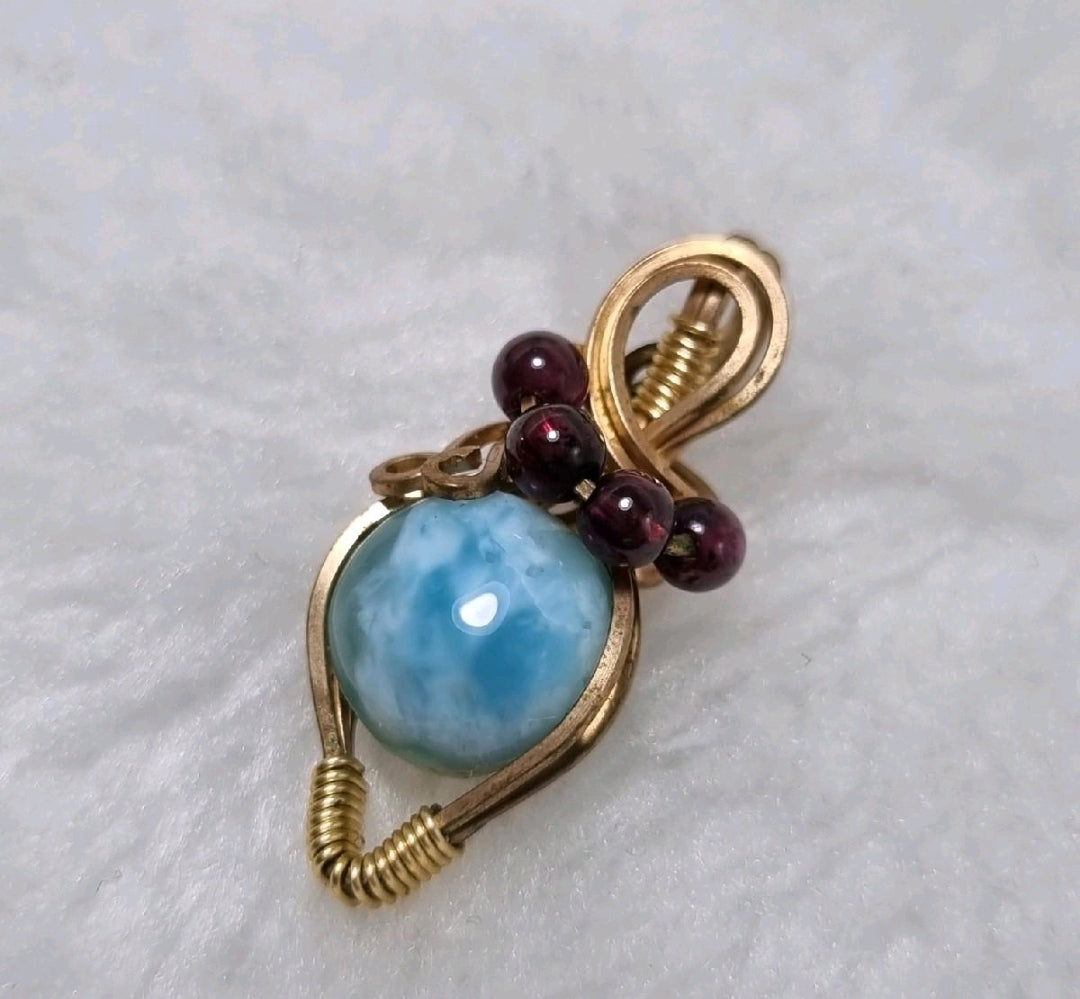 Larimar Cabochon with Garnet Beads Wire wrapped in brass wire, Artisan Crystal Pendant