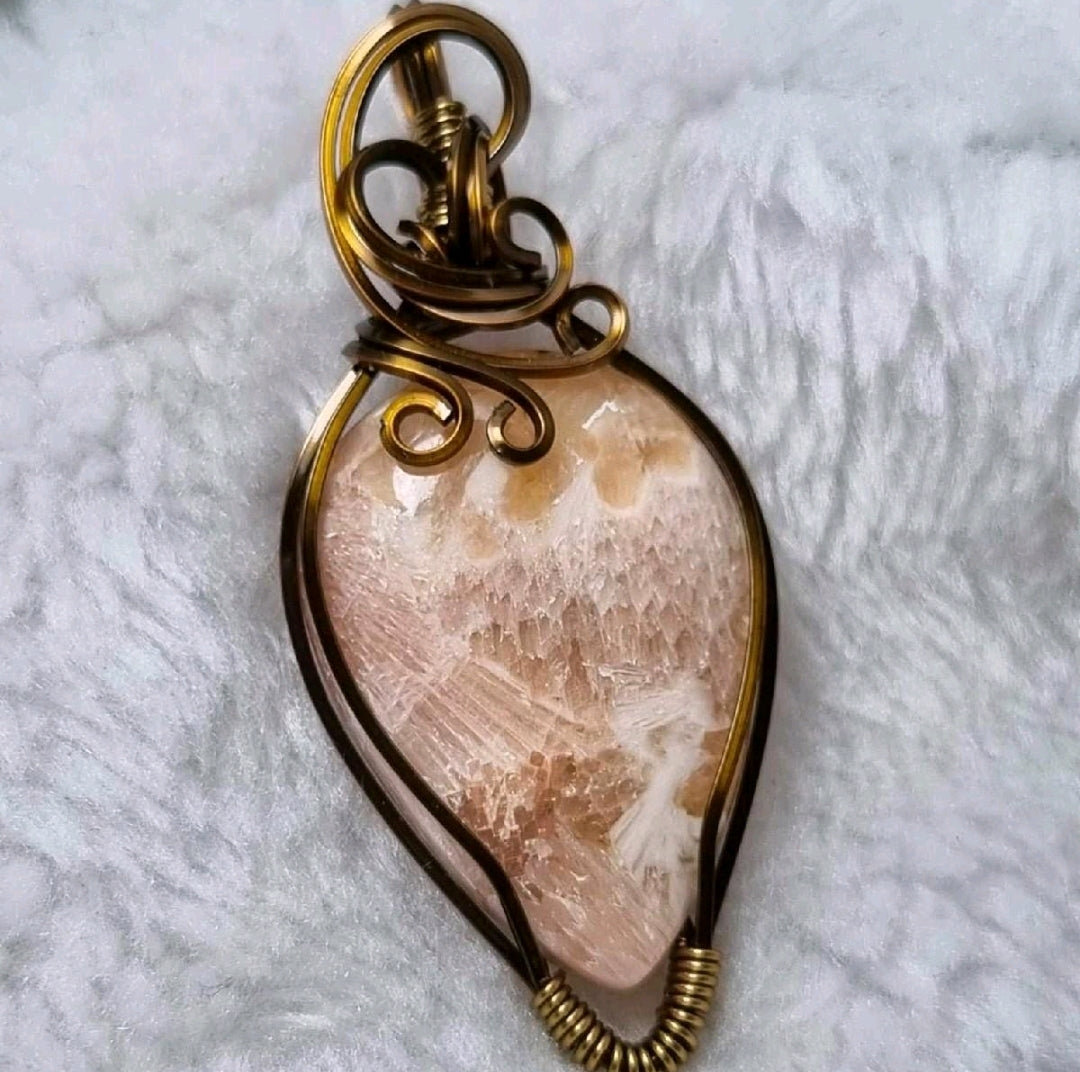 Beautiful Handmade Wire wrapped  Scolecite Cabochon Pendant for Harmony, Serenity and Balance Crystal Healing Pendant